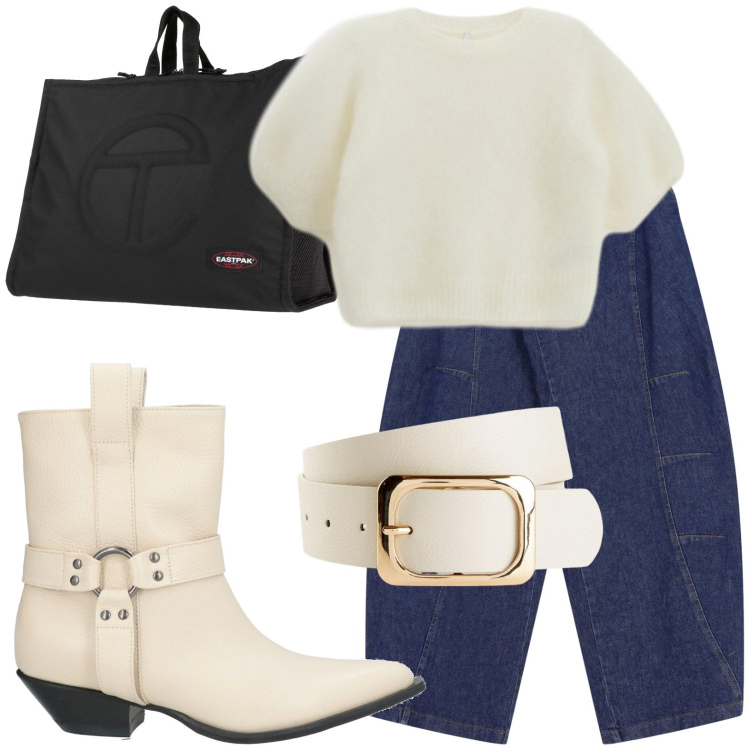 Outfit donna - Texani bianchi per la giornata. Stile Trendy per Scuola/Università. Abbinamento con stivaletti texani, zaini, cinture, t-shirt, pantaloni a palazzo.