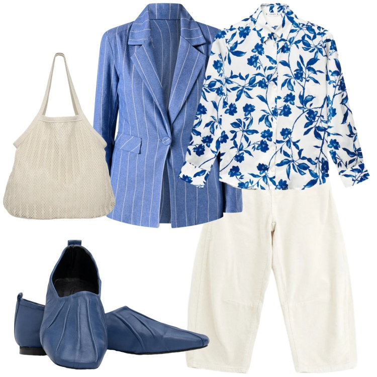 Outfit donna - Azzurro e bianco aspettando primavera. Stile Casual chic per Tutti i giorni. Abbinamento con camicie, shopping bag, pantaloni, blazer, ballerine.