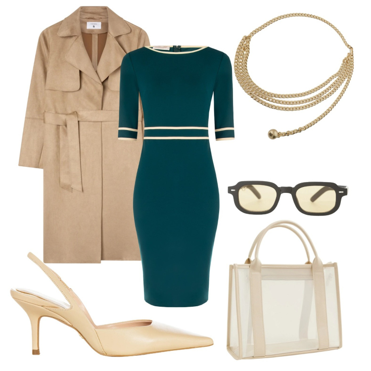 Outfit donna - Pranzo di lavoro in verde petrolio.. Stile Casual chic per Ufficio. Abbinamento con borse tote, trench, occhiali da sole, collane, vestiti a tubino, décolleté.