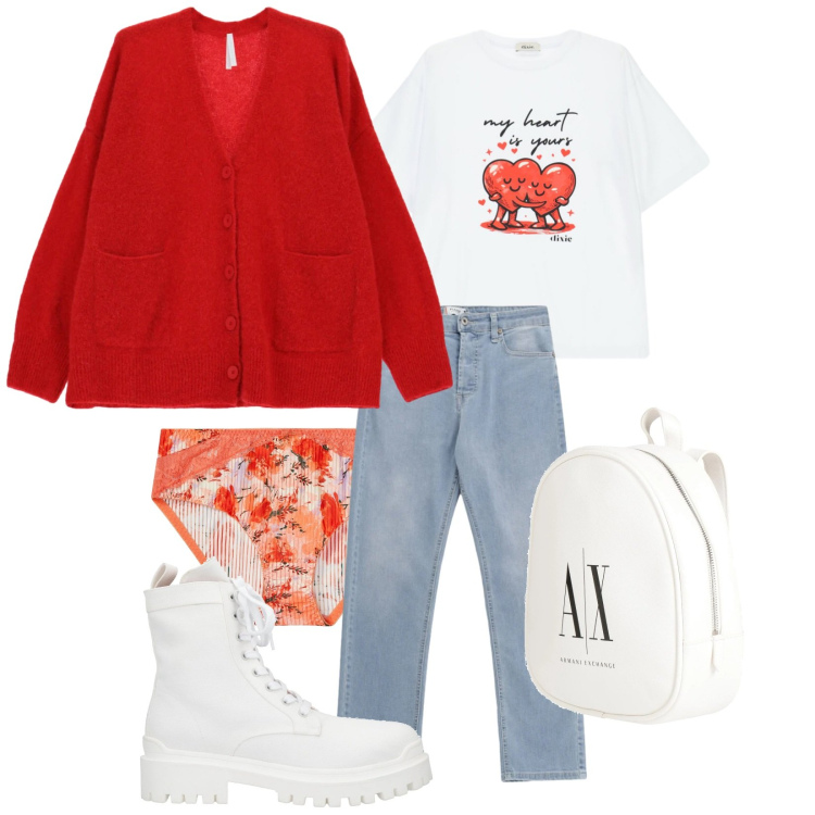 Outfit donna - My heart. Stile Casual per Tutti i giorni. Abbinamento con stivaletti, zaini, culotte, cardigans, t-shirt, jeans.