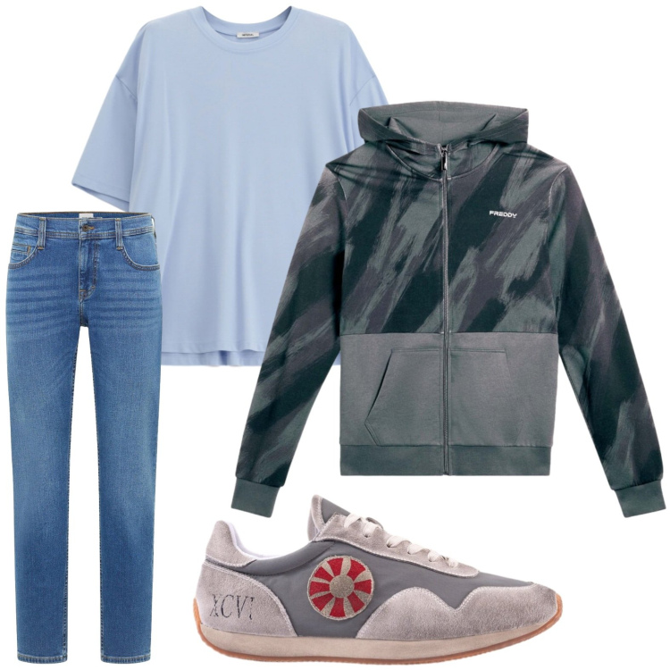 Outfit uomo - Street style. Stile Trendy per Tutti i giorni. Abbinamento con jeans bootcut, t-shirt, felpe con cappuccio, sneakers.