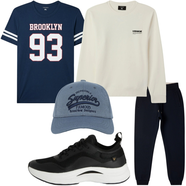 Outfit uomo - Sportivo. Stile Casual per Tutti i giorni. Abbinamento con t-shirt, felpe, cappelli con visiera, pantaloni, sneakers.