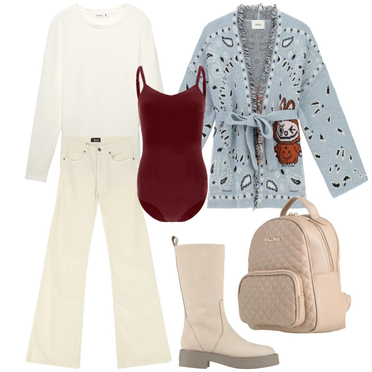 Outfit donna - Buongiorno. Stile Trendy per Tutti i giorni. Abbinamento con stivali, zaini, t-shirt, jeans, cardigans, body.