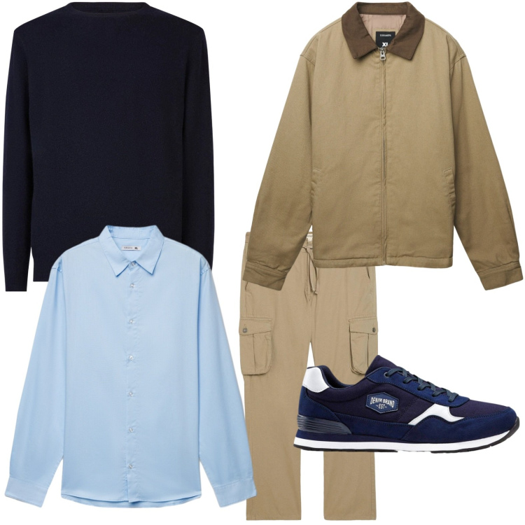 Outfit uomo - Dinamico. Stile Trendy per Tutti i giorni. Abbinamento con sneakers, pantaloni cargo, cappotti, camicie, maglieria.