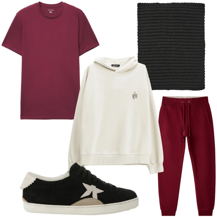 Outfit uomo - Soortivo. Stile Trendy per Tutti i giorni. Abbinamento con felpe con cappuccio, sneakers, pantaloni, scaldacollo, t-shirt.