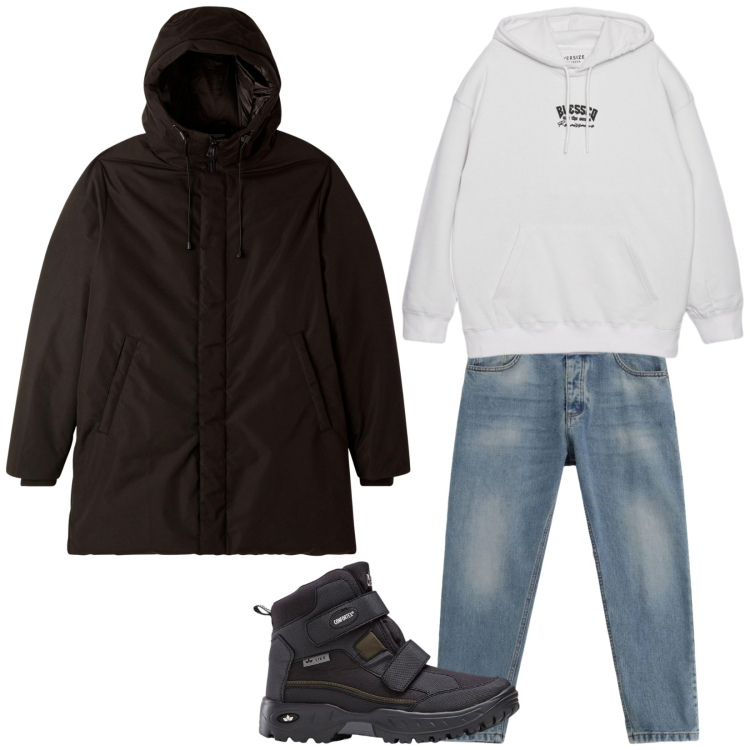 Outfit uomo - Total look #2344856. Stile Urban per Tutti i giorni. Abbinamento con stivali e stivaletti, jeans, parka, felpe con cappuccio.