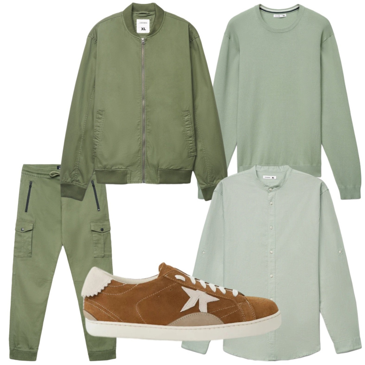 Outfit uomo - Toni del verde. Stile Trendy per Tutti i giorni. Abbinamento con sneakers, maglieria, bomber, pantaloni cargo, camicie.