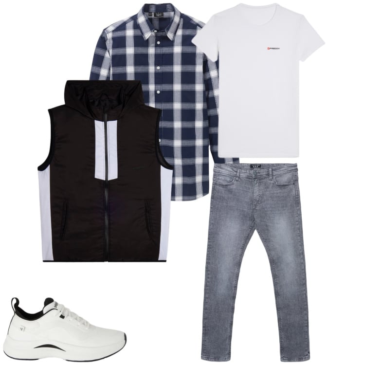 Outfit uomo - The Monochrome Layering. Stile Urban per Tutti i giorni. Abbinamento con camicie, jeans skinny, sneakers, t-shirt, piumini.