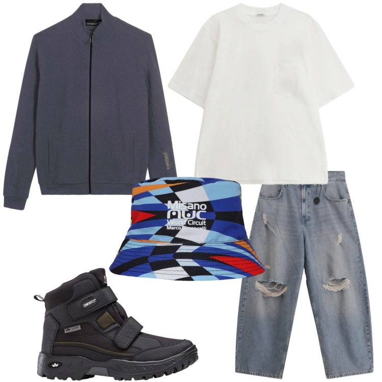 Outfit uomo - Accessorio colorato. Stile Trendy per Tutti i giorni. Abbinamento con stivali e stivaletti, t-shirt, jeans strappati, cappelli, felpe.