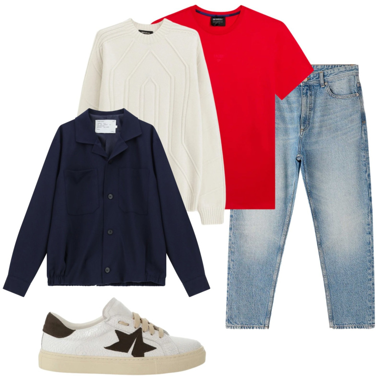 Outfit uomo - Bianco rosso e blu. Stile Urban per Tutti i giorni. Abbinamento con cappotti, pullovers, sneakers, jeans dritti, t-shirt.