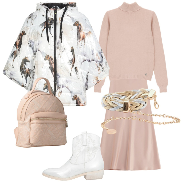 Outfit donna - Cipria e glam. Stile Glamour per Tutti i giorni. Abbinamento con zaini, cappe, stivaletti texani, gonne lunghe, maglieria, cinture.