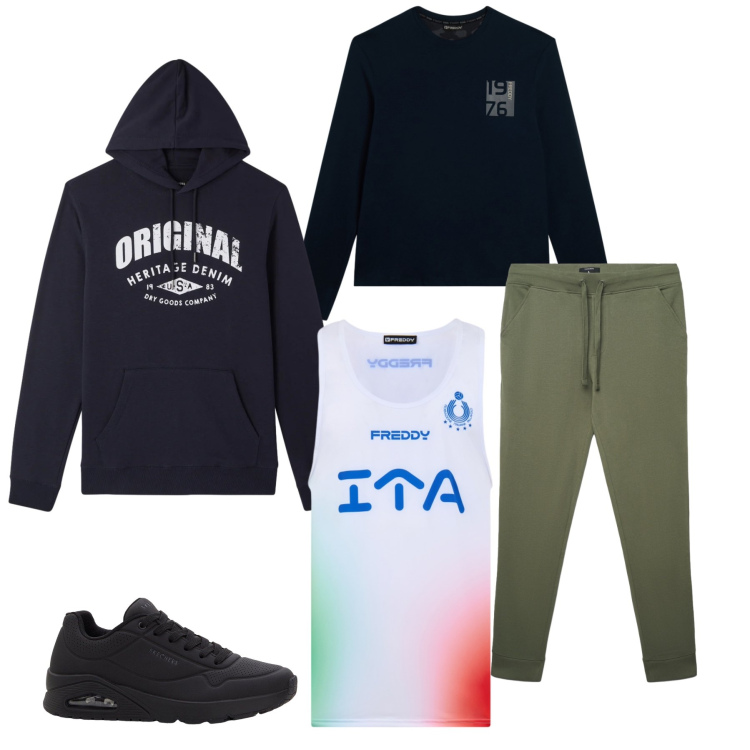 Outfit uomo - Azzurro Soul. Stile Casual per Tutti i giorni. Abbinamento con sneakers, pantaloni sportivi, felpe sportive, t-shirt, t-shirt sportive.