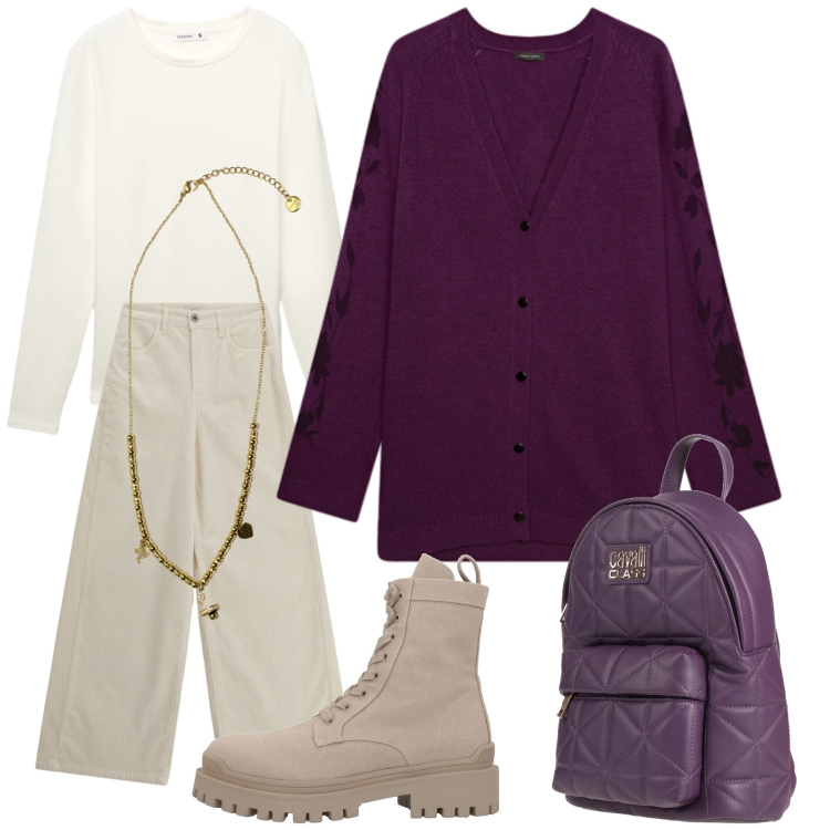 Outfit donna - Un cardigan viola. Stile Casual per Tutti i giorni. Abbinamento con zaini, stivaletti, t-shirt, cardigans, pantaloni a palazzo, ciondoli.