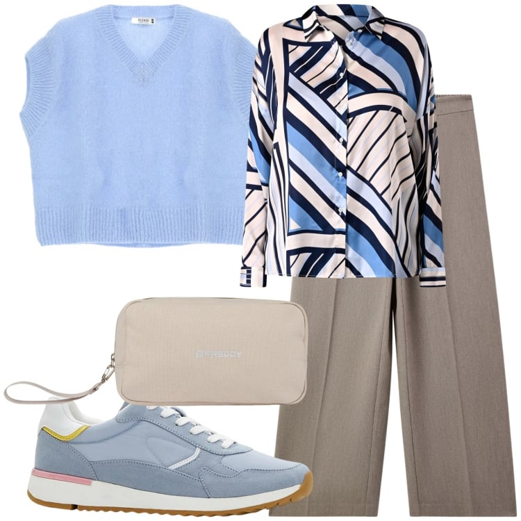 Outfit donna - Mercoledì in ufficio. Stile Casual per Ufficio. Abbinamento con sneakers, pantaloni, maglieria, camicie, valigie.