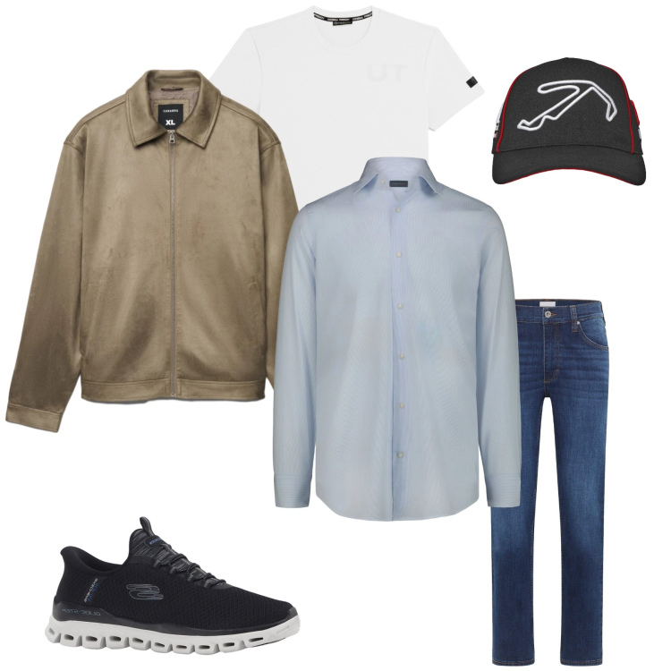 Outfit uomo - The Modern Transit Look. Stile Trendy per Tutti i giorni. Abbinamento con sneakers, jeans dritti, cappelli con visiera, giacche, t-shirt, camicie.