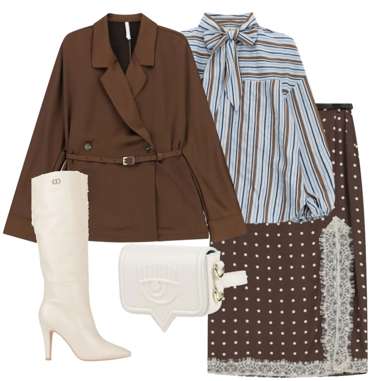 Outfit donna - Marrone e stivali bianchi. Stile Chic per Ufficio. Abbinamento con stivali, marsupi, gonne lunghe, blazer, bluse.