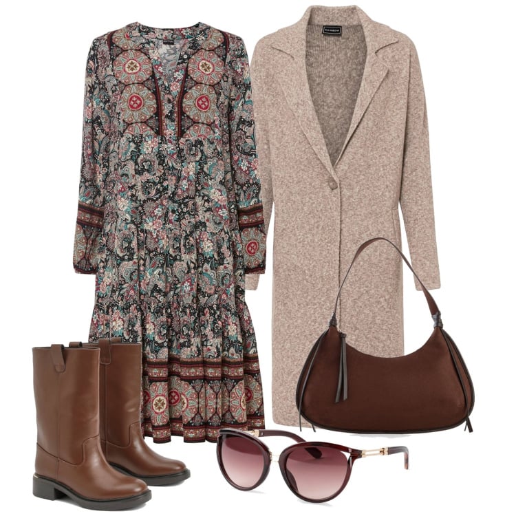 Outfit femme - Février. Style Boho pour Tous les jours. Assortir avec lunettes de soleil, robes, manteaux, sacs en bandoulière, bottes.