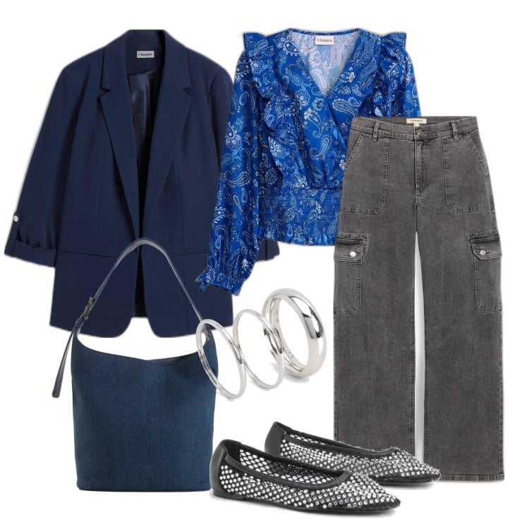 Outfit femme - Février. Style Casual chic pour Tous les jours. Assortir avec pantalon cargo, tuniques, blazers, sacs seau, bracelets, ballerines.