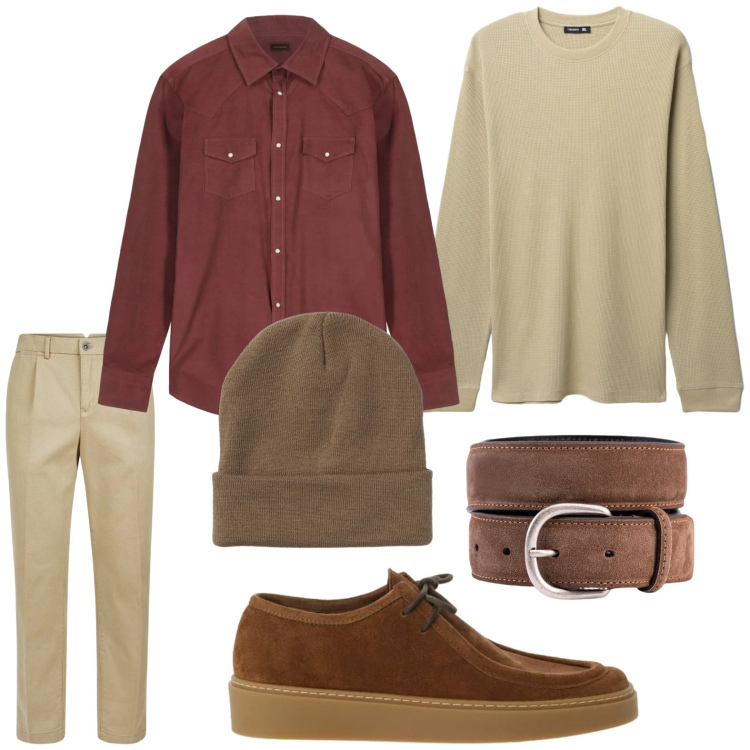 Outfit uomo - Toni neutri. Stile Trendy per Tutti i giorni. Abbinamento con scarpe stringate, berretti, maglieria, pantaloni, camicie, cinture.