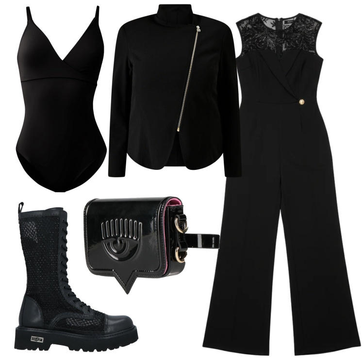 Outfit donna - Curvy con animo rock. Stile Rock per Serata fuori. Abbinamento con stivali, marsupi, body, blazer, tute.