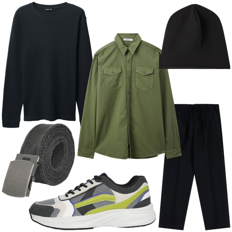 Outfit uomo - Comodo. Stile Casual per Tutti i giorni. Abbinamento con pantaloni, camicie, cinture, berretti, sneakers, maglieria.