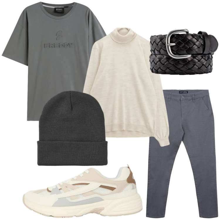 Outfit uomo - Colori basici. Stile Casual per Tutti i giorni. Abbinamento con maglieria, pantaloni chino, berretti, sneakers, t-shirt, cinture.