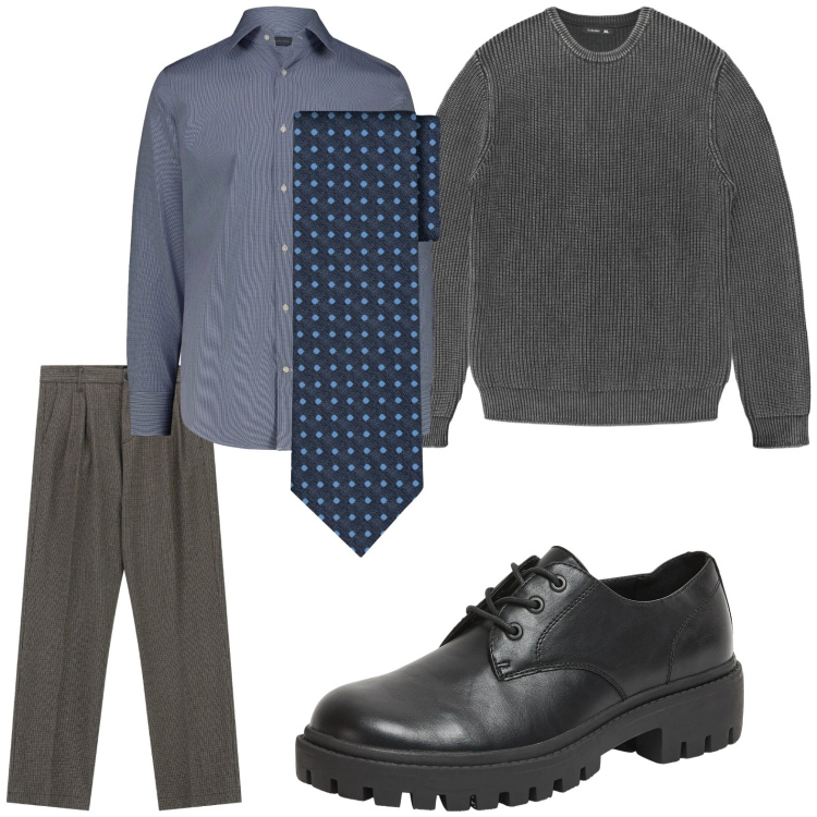 Outfit uomo - Minimal. Stile Casual per Tutti i giorni. Abbinamento con pantaloni, scarpe stringate, maglieria, cravatte, camicie.