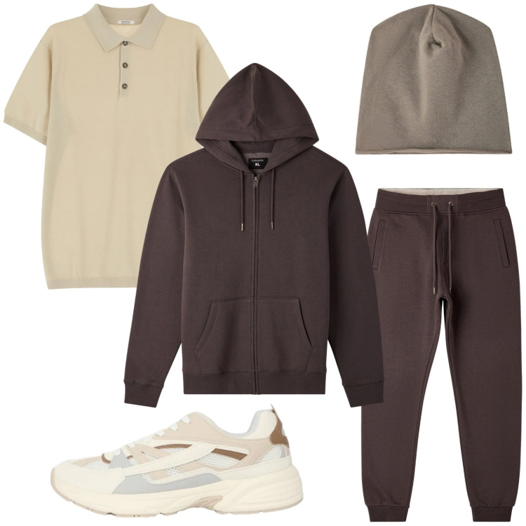 Outfit uomo - La tuta brown. Stile Casual per Tutti i giorni. Abbinamento con polo, felpe con cappuccio, pantaloni, sneakers, berretti.