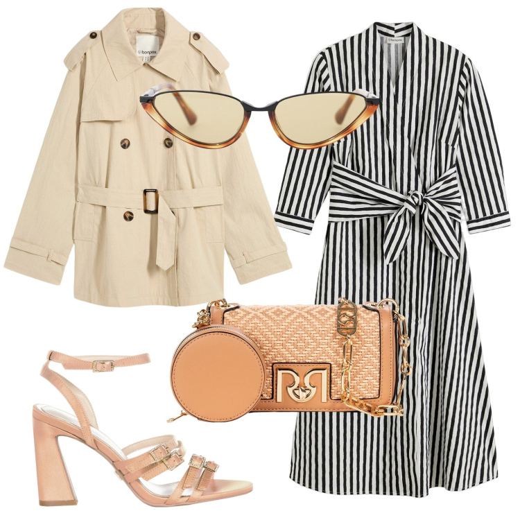 Outfit donna - Scamiciato a righe curvy. Stile Casual chic per Tutti i giorni. Abbinamento con vestiti midi/longuette, trench, occhiali da sole, sandali col tacco, borse a tracolla.