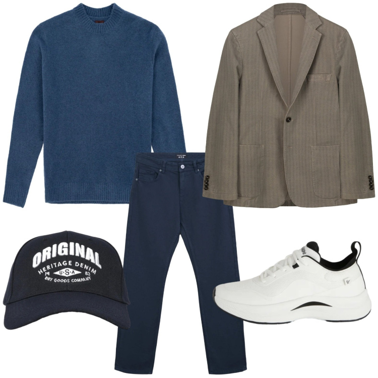 Outfit uomo - Casual chic. Stile Casual per Tutti i giorni. Abbinamento con cappelli con visiera, jeans dritti, sneakers, giacche, maglieria.