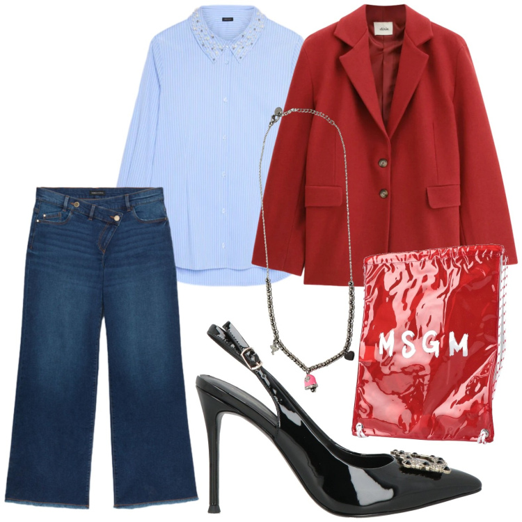 Outfit donna - Un tocco di luce d’inverno. Stile Glamour per Ufficio. Abbinamento con zaini, décolleté, camicie, jeans, blazer, ciondoli.