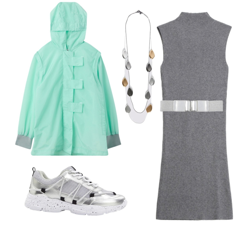 Outfit donna - Porto fuori il cane. Stile Casual per Tutti i giorni. Abbinamento con sneakers, cinture, trench, collane, vestiti midi/longuette.