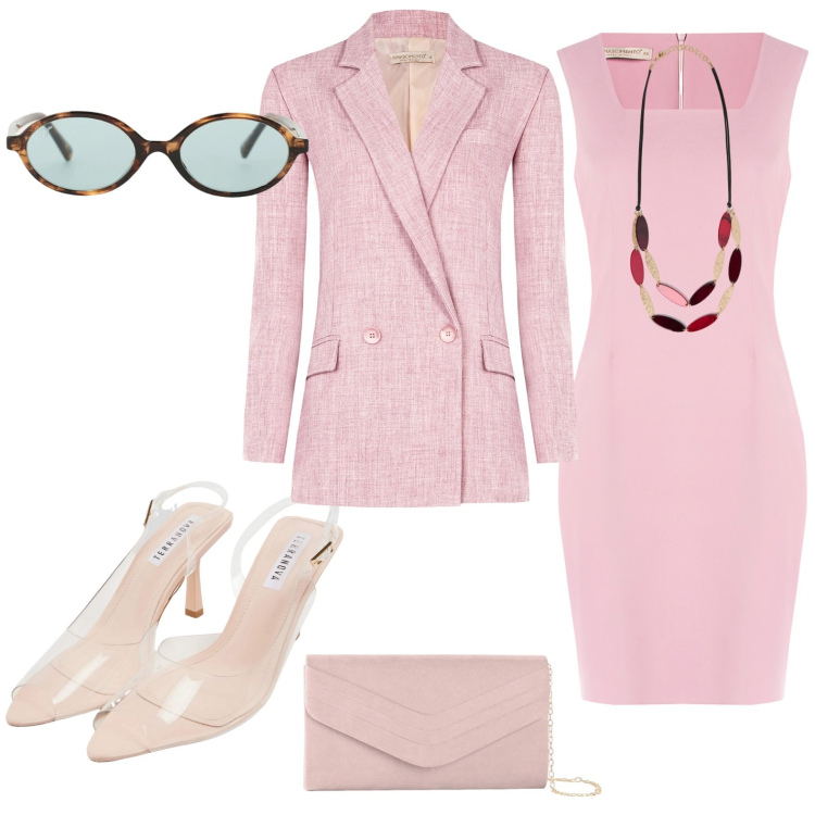 Outfit donna - Inatteso pranzo in rosa. Stile Bon Ton per Cerimonia. Abbinamento con pochette, sandali col tacco, occhiali da sole, collane, vestiti a tubino, blazer.