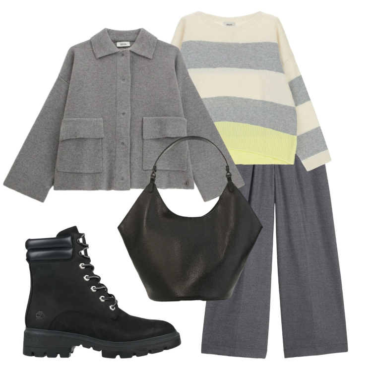 Outfit donna - Pranzo in montagna. Stile Casual per Tutti i giorni. Abbinamento con stivaletti, pantaloni, cardigans, maglieria, borse a spalla.