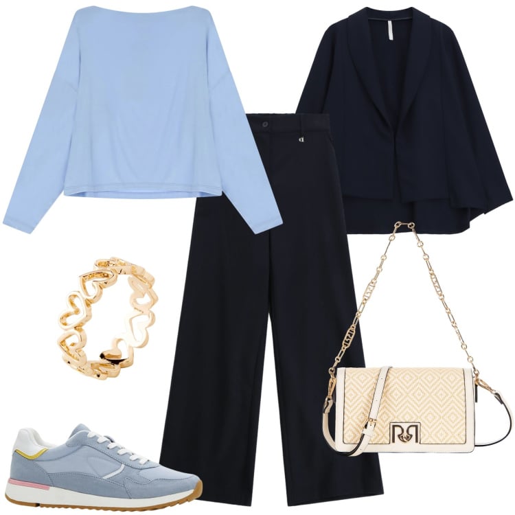 Outfit donna - Total look #2344913. Stile Mannish per Ufficio. Abbinamento con sneakers, anelli, borse a tracolla, blazer, pantaloni a palazzo, t-shirt.