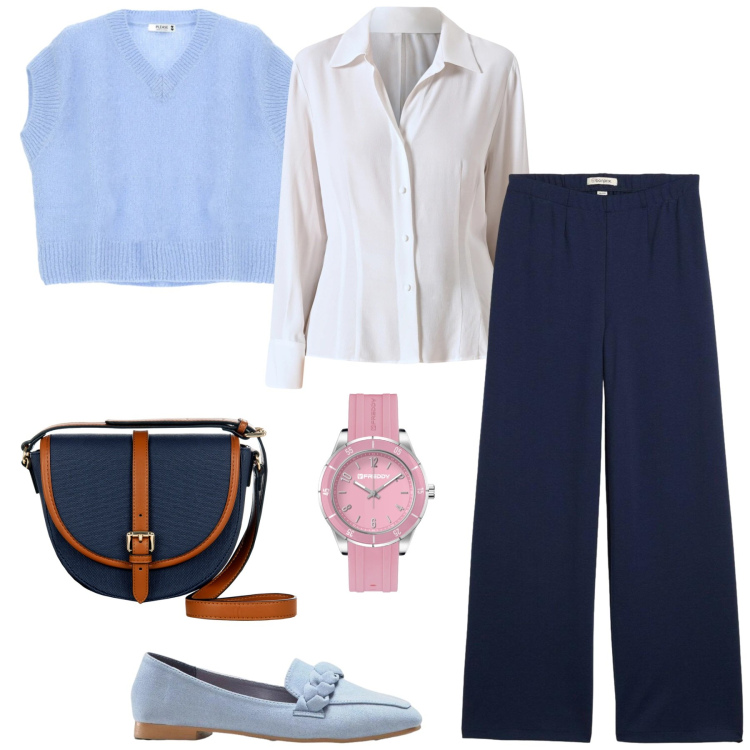 Outfit donna - Total look #2344914. Stile Casual chic per Ufficio. Abbinamento con pantaloni, mocassini, orologi, maglieria, camicie, borse a tracolla.