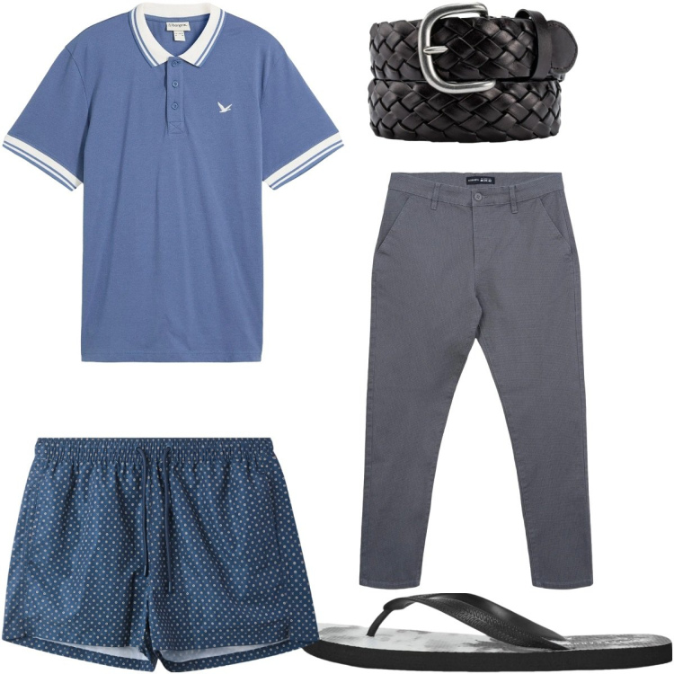 Outfit uomo - Total look #2344915. Stile Trendy per Mare. Abbinamento con polo, sandali, costumi, pantaloni chino, cinture.