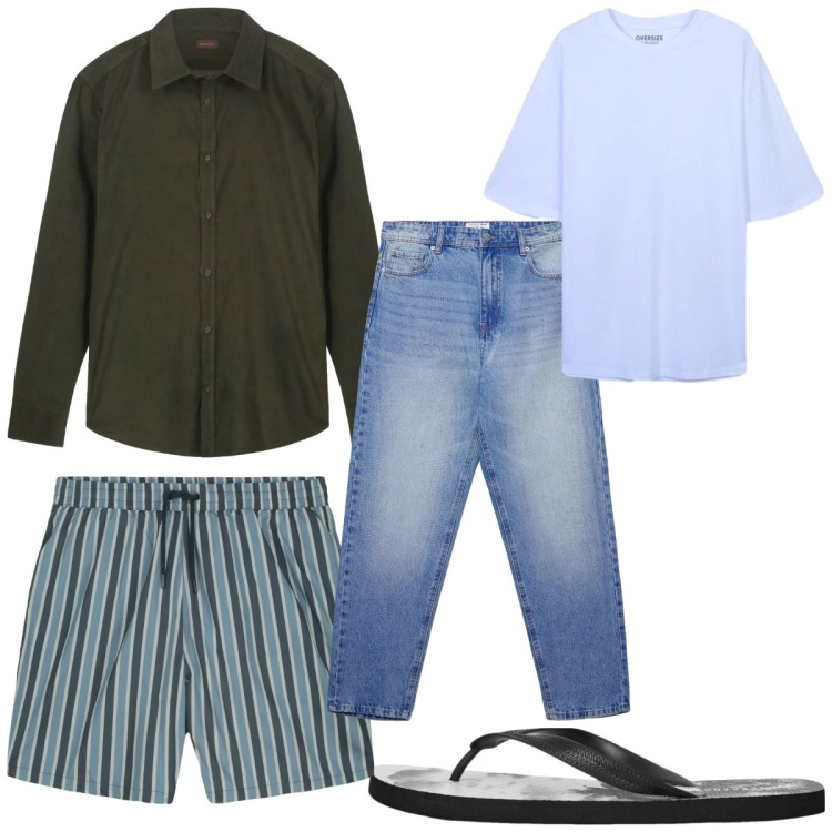 Outfit uomo - Total look #2344917. Stile Trendy per Mare. Abbinamento con sandali, jeans, t-shirt, costumi, camicie.