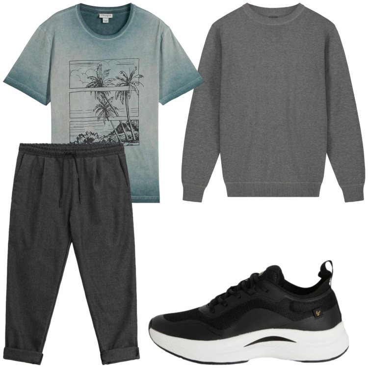 Outfit uomo - Dinamico. Stile Trendy per Tutti i giorni. Abbinamento con t-shirt, pantaloni, sneakers, maglieria.