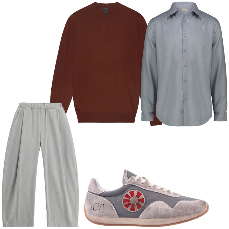 Outfit uomo - Dinamico. Stile Trendy per Tutti i giorni. Abbinamento con pantaloni, camicie, sneakers, maglieria.