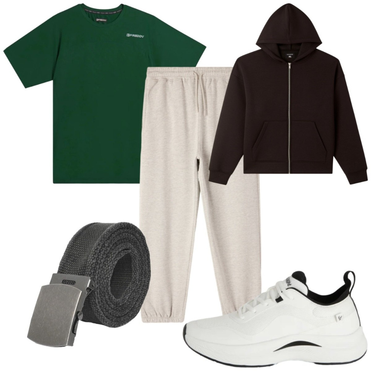 Outfit uomo - Total look #2344924. Stile Casual per Sport. Abbinamento con cinture, felpe con cappuccio, pantaloni, sneakers, t-shirt.