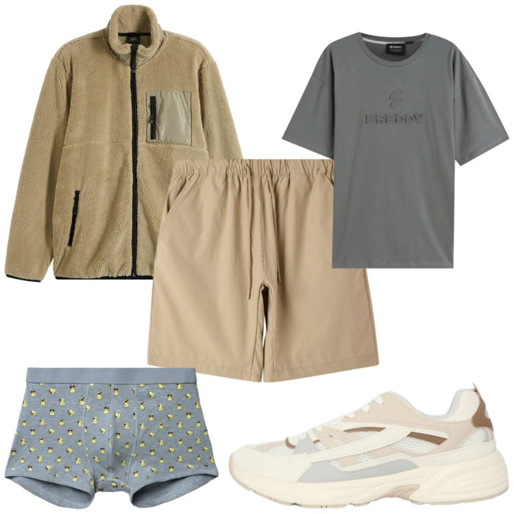 Outfit uomo - Total look #2344925. Stile Trendy per Sport. Abbinamento con giacche sportive, boxer, pantaloni corti, sneakers, t-shirt.