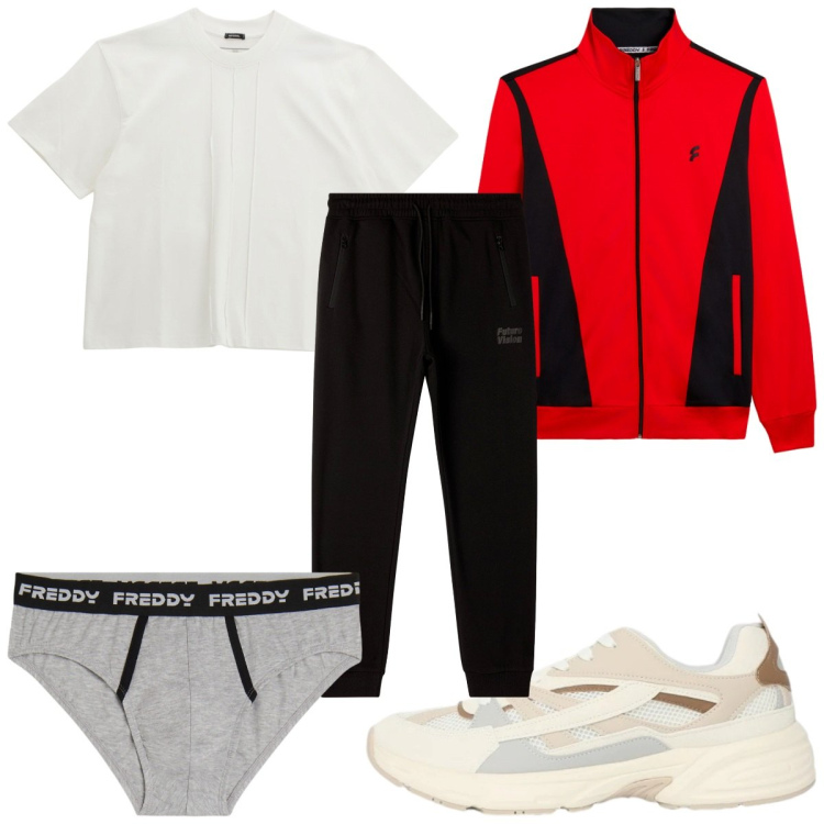 Outfit uomo - Total look #2344926. Stile Trendy per Sport. Abbinamento con t-shirt, pantaloni, sneakers, giacche sportive, slip.