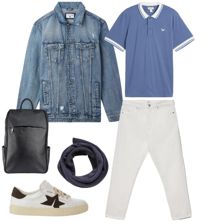 Outfit uomo - Casual Brightness. Stile Urban per Tutti i giorni. Abbinamento con polo, sneakers, sciarpe, giacche, jeans, borse sportive.