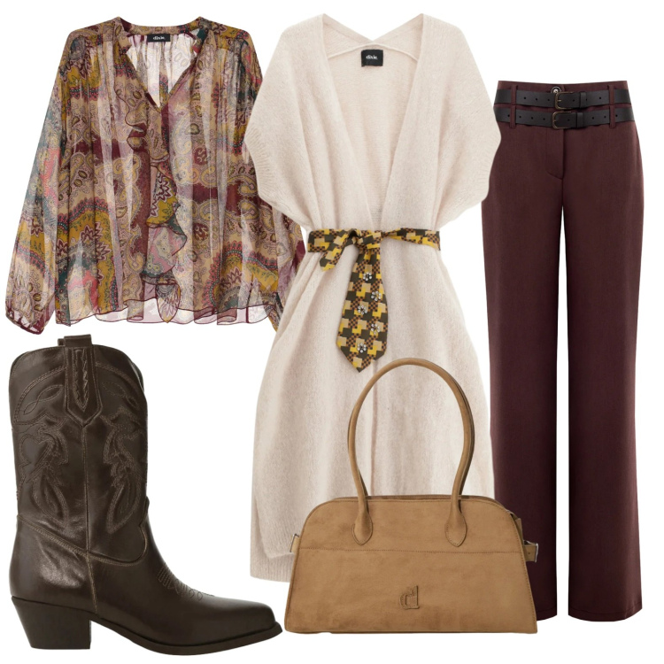 Outfit donna - Esco con le amiche. Stile Casual per Tutti i giorni. Abbinamento con gilet, camicie, cappotti, stivali, pantaloni.