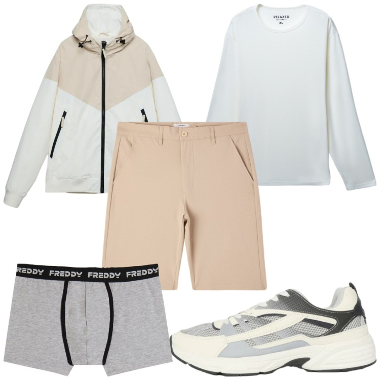 Outfit uomo - Total look #2344933. Stile Trendy per Sport. Abbinamento con pantaloni corti, sneakers, giacche sportive, t-shirt, boxer.