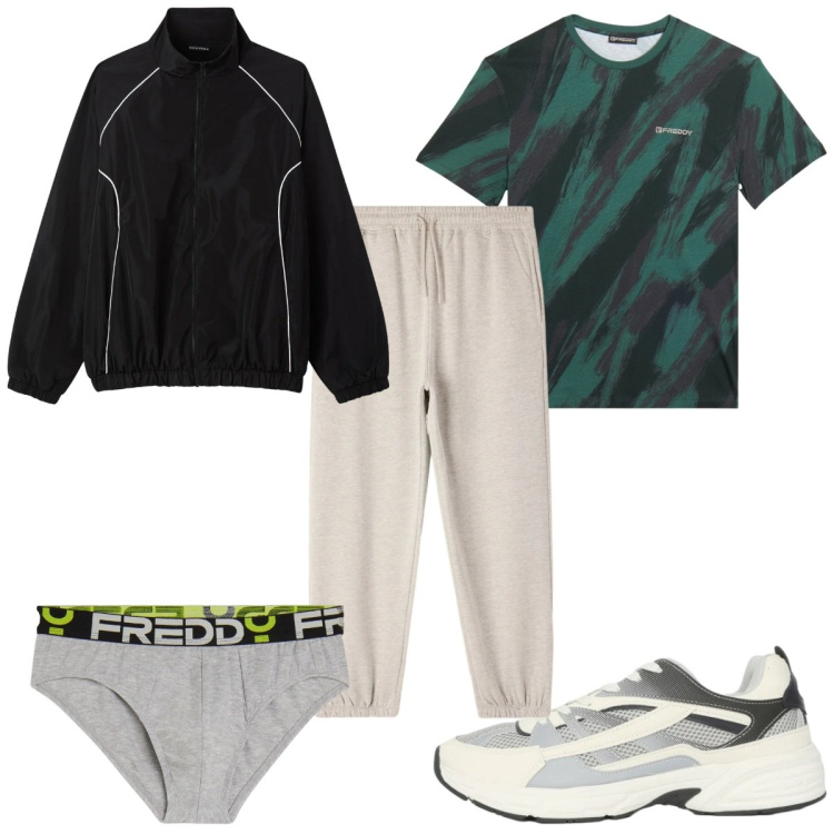 Outfit uomo - Total look #2344934. Stile Trendy per Sport. Abbinamento con sneakers, giacche sportive, pantaloni, t-shirt, slip.
