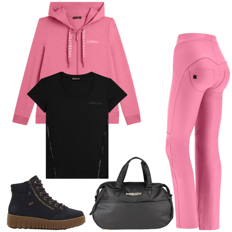 Outfit donna - Total look #2344936. Stile Sporty chic per Sport. Abbinamento con sneakers alte, pantaloni, felpe con cappuccio, borse sportive, t-shirt.
