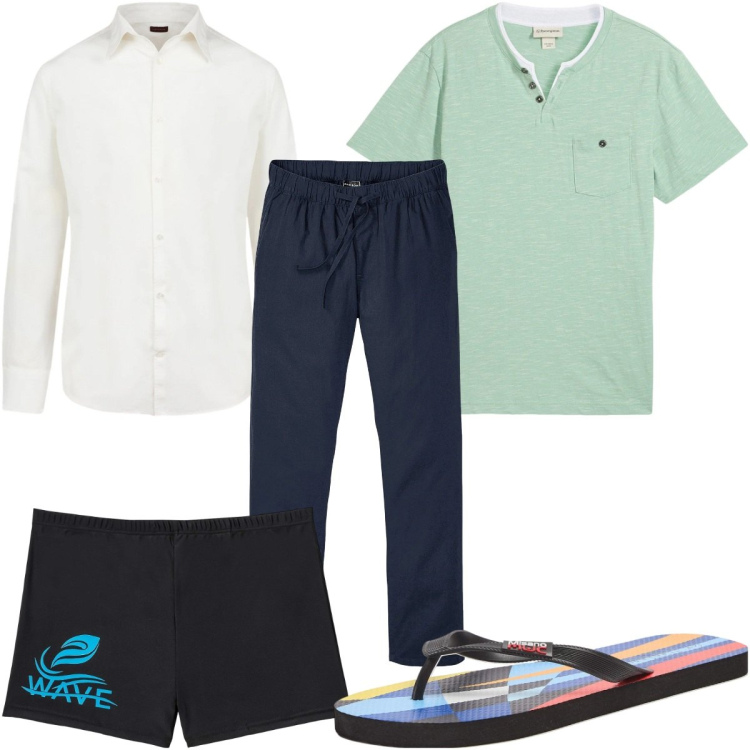 Outfit uomo - Total look #2344939. Stile Trendy per Mare. Abbinamento con t-shirt, pantaloni, costumi, sandali, camicie.