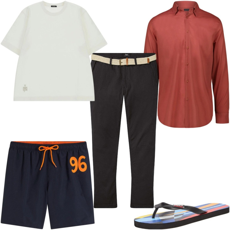 Outfit uomo - Total look #2344942. Stile Trendy per Mare. Abbinamento con pantaloni chino, costumi, t-shirt, sandali, camicie.